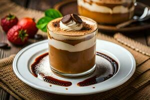 Schokolade Mousse im ein Glas mit ausgepeitscht Sahne und Erdbeeren auf ein hölzern Tisch. KI-generiert foto