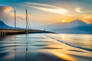 ein Seebrücke mit ein Segelboot beim Sonnenuntergang. KI-generiert foto