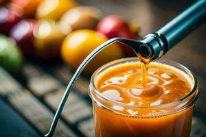 ein Krug von Orange Saft Sein gegossen in ein Glas. KI-generiert foto