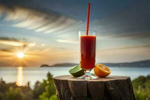 ein Glas von Orange Saft mit ein Stroh auf ein Stumpf. KI-generiert foto