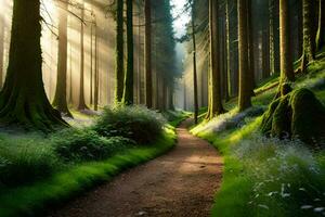 ein Pfad durch ein Wald mit Sonnenstrahlen leuchtenden durch das Bäume. KI-generiert foto