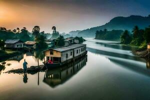 ein Mann steht auf ein Boot im Vorderseite von ein Haus auf das Fluss. KI-generiert foto