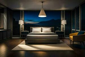 ein Schlafzimmer mit ein groß Bett und ein Lampe. KI-generiert foto