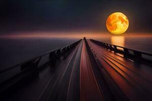 ein lange Brücke mit ein voll Mond im das Himmel. KI-generiert foto