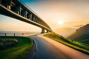 ein lange Brücke überspannend das Straße Über ein Grün Schlucht. KI-generiert foto