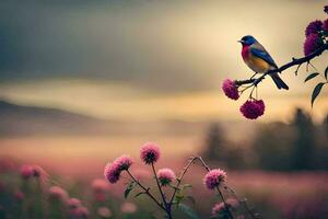 ein bunt Vogel sitzt auf ein Ast im Vorderseite von Rosa Blumen. KI-generiert foto