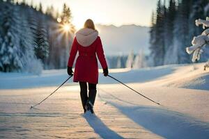 ein Frau im ein rot Mantel ist Gehen auf Ski. KI-generiert foto