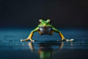 ein Frosch auf ein dunkel Hintergrund. KI-generiert foto