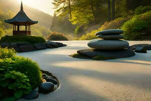 ein japanisch Garten mit Felsen und ein Pagode. KI-generiert foto