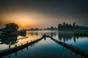 ein Boot Seebrücke beim Sonnenaufgang im ein See. KI-generiert foto