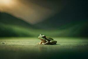 ein Frosch Sitzung auf das Boden im Vorderseite von ein Grün Feld. KI-generiert foto