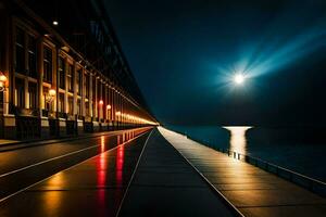 ein lange Seebrücke mit ein voll Mond leuchtenden hell im das Himmel. KI-generiert foto