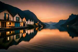 das Haus auf das See, Norwegen, Haus, Haus auf das See, Haus auf Die. KI-generiert foto
