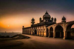 das Sonne setzt Über das Moschee im diese Foto. KI-generiert foto