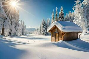 ein klein hölzern Hütte sitzt im das Mitte von ein schneebedeckt Wald. KI-generiert foto