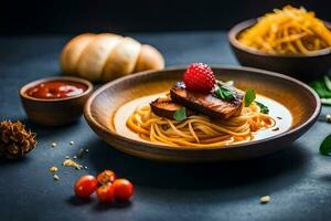 Spaghetti mit Fleisch und Tomate Soße auf ein dunkel Tisch. KI-generiert foto