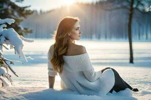 ein Frau im ein Weiß Sweatshirt Sitzung im das Schnee. KI-generiert foto