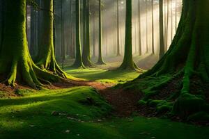 ein Wald mit Bäume und Sonnenstrahlen. KI-generiert foto