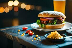 ein Burger und Bier auf ein Tisch. KI-generiert foto