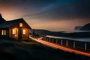 ein Haus sitzt auf das Seite von ein Straße beim Nacht. KI-generiert foto