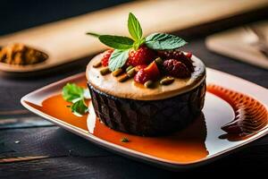 ein Dessert mit Beeren und Schokolade auf ein Platte. KI-generiert foto
