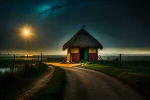 ein Hütte sitzt auf ein Schmutz Straße beim Nacht. KI-generiert foto