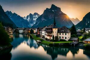 Foto Hintergrund Berge, das Sonne, See, Schweiz, das Alpen, Schweiz,. KI-generiert