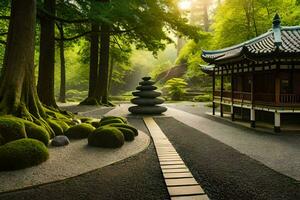 ein japanisch Garten mit ein Pagode und Felsen. KI-generiert foto