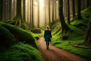 ein Frau im ein Blau Kleid Spaziergänge Nieder ein Pfad im das Wald. KI-generiert foto