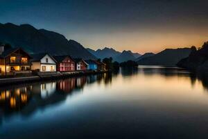 Häuser auf das Wasser beim Sonnenuntergang im Norwegen. KI-generiert foto
