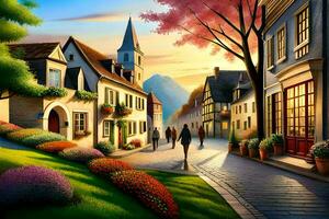ein Gemälde von ein Stadt, Dorf Straße mit Menschen Gehen Nieder Es. KI-generiert foto