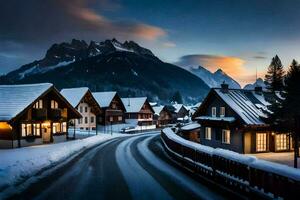 Foto Hintergrund das Himmel, Schnee, Berge, Straße, Häuser, Straße, das Dorf, Die. KI-generiert