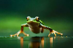 ein Frosch ist Stehen auf das Wasser mit es ist Beine Ausbreitung. KI-generiert foto