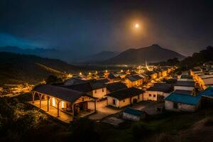 das Mond scheint hell Über ein Dorf beim Nacht. KI-generiert foto
