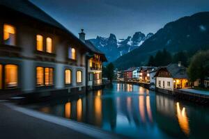 ein Fluss läuft durch ein Stadt, Dorf beim Nacht. KI-generiert foto