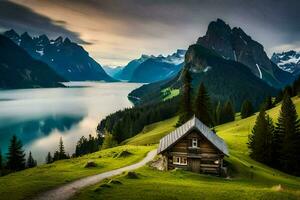 das Haus auf das See, See, Berge, Natur, Landschaft, hd Hintergrund. KI-generiert foto
