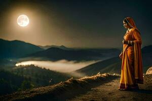 Frau im Orange Sari Stehen auf ein Berg mit ein voll Mond. KI-generiert foto
