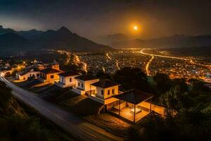 das Mond steigt an Über ein Stadt, Dorf beim Nacht. KI-generiert foto