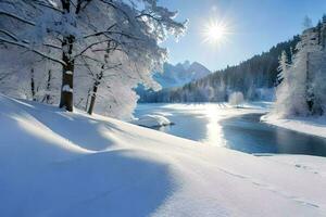 Schnee bedeckt Bäume und ein Fluss im das Winter. KI-generiert foto