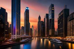 das Chicago Fluss beim Sonnenuntergang. KI-generiert foto