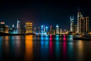 das Stadt Horizont beim Nacht mit Beleuchtung reflektieren aus das Wasser. KI-generiert foto