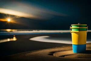 ein bunt Tasse sitzt auf das Sand beim Sonnenuntergang. KI-generiert foto