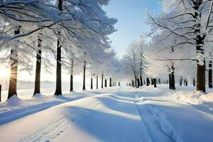 ein schneebedeckt Straße gefüttert mit Bäume. KI-generiert foto