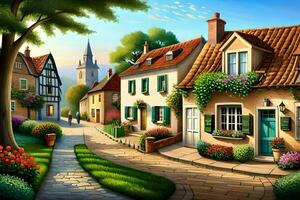 ein Gemälde von ein klein Stadt, Dorf mit Häuser und Blumen. KI-generiert foto