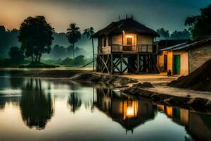 ein klein Hütte sitzt auf das Ufer von ein See. KI-generiert foto