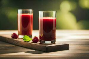 zwei Brille von Himbeere Saft auf ein hölzern Tisch. KI-generiert foto