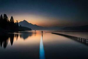 ein lange Seebrücke mit ein See und Berge im das Hintergrund. KI-generiert foto