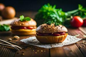 zwei Hamburger mit Käse und Tomaten auf ein hölzern Tisch. KI-generiert foto