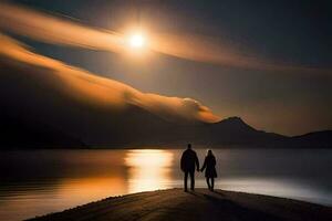 ein Paar halten Hände Gehen entlang das Ufer von ein See. KI-generiert foto