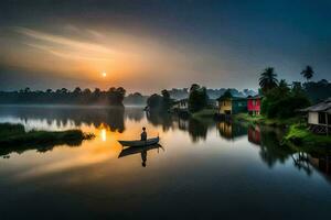 ein Mann im ein Boot auf ein See beim Sonnenaufgang. KI-generiert foto